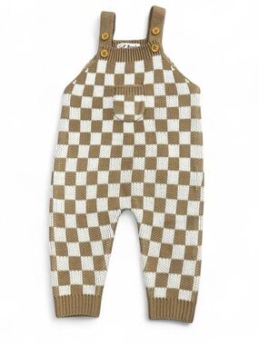 NWT Sweet Magnolia Checkerboard Knit Overall Romper Kids 0-3 months Tan & White